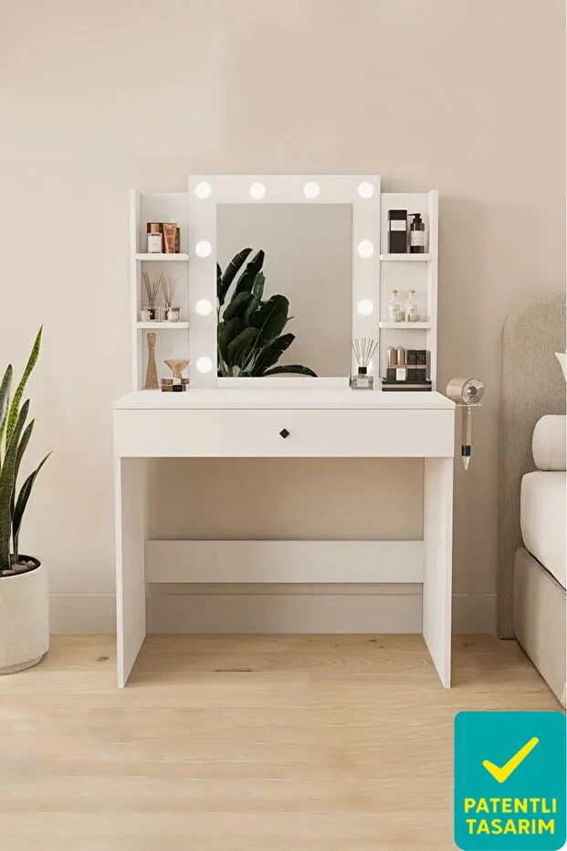 Hollywood Işıklı Aynalı Kulis Makyaj Masası Takı Düzenleyici Beyaz Patentli Tasarım